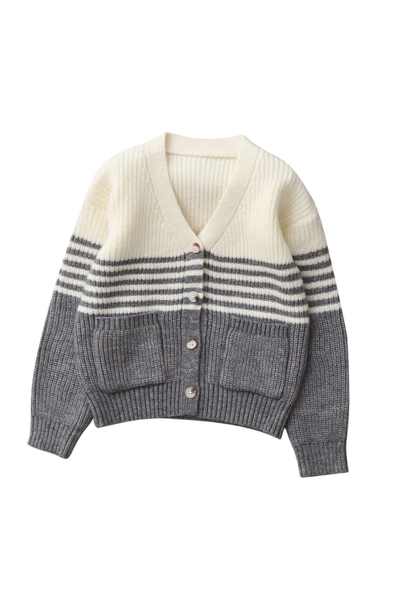 Girls V Neck Cardigan Stripe Button Cotton Sweaters Fall Winter Warm Uniform Knitted Long Sleeve Outerwear for Play Outings Holiday Gifts Big Kids 5-14Y