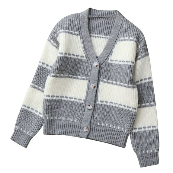 Favoffer Girls V Neck Cardigan Stripe Button Cotton Sweaters Fall Winter Warm Uniform Knitted Long Sleeve Outerwear for Play Outings Holiday Gifts Big Kids 5-14Y