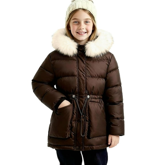 Favoffer Girls' Winter Coat Insulated Long Quilted Puffer Jacket Warm Button-Down Hooded Parka Snow Coats Outerwear 2-14Y