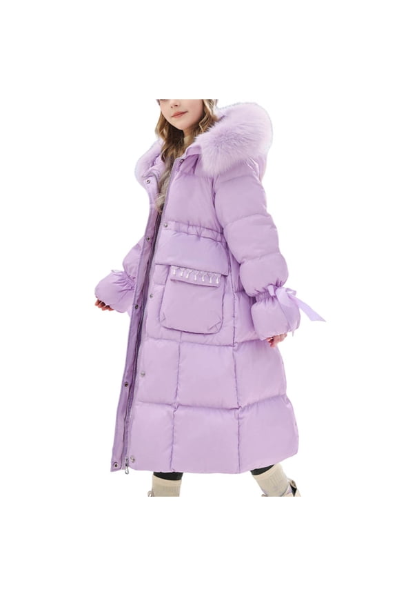 Girls Winter Coat Puffer Hooded Zipper Thickened Mid-Length Fleece-Lined Pocketed Casual Parka Warm Outerwear for Daily/Travel/Holiday Big Kids 5-16Y