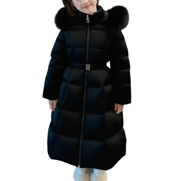 Favoffer Girls Winter Coat Puffer Hooded Zipper Thickened Mid-Length Fleece-Lined Pocketed Casual Parka Warm Outerwear for Daily/Travel/Holiday Big Kids 5-16Y