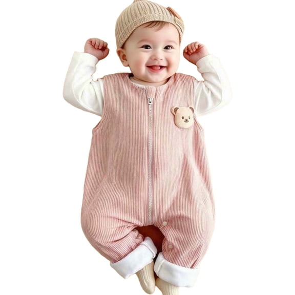 Favoffer Infant Baby Boy Girls Fleece-Lined Jumpsuit Sleeveless Full-Zip Romper One Piece Strap Overalls Smocked Clothes 0-3Y