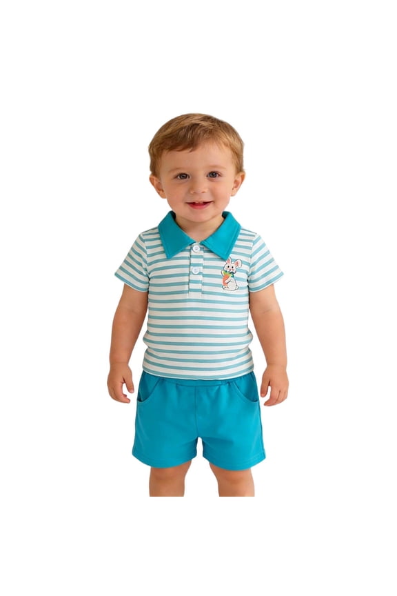 Infant Boys Set Summer Easter Bunny Print Lapel Short Sleeve Polo Shirt Shorts Two Piece Casual Outfit Daily Home Outdoor Party Sizes 6M-3Y