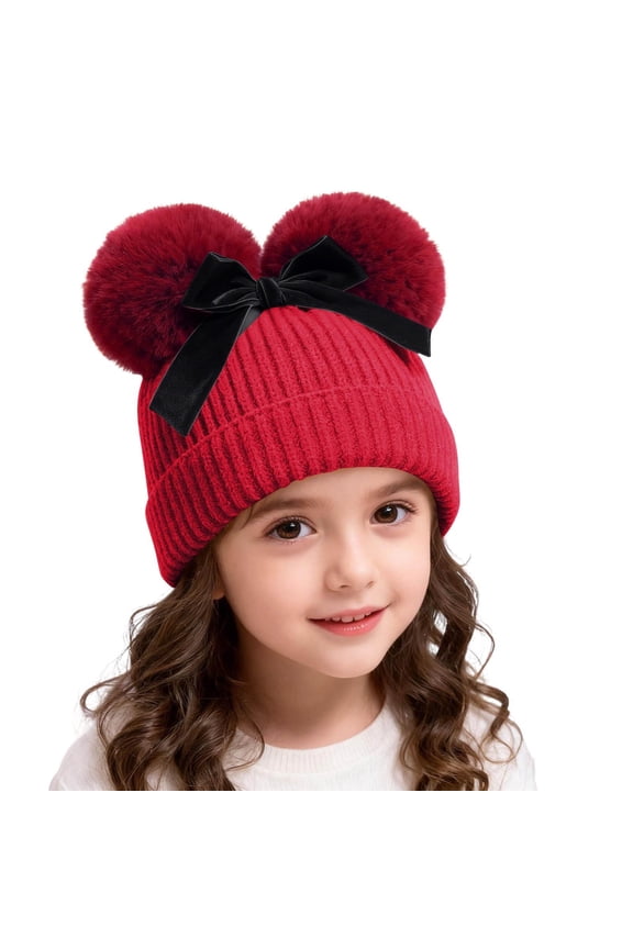 Infant Toddler Baby Knitting Woolen Hat Winter Warm Double Pompom Beanie Cap with Bow 6M-1.5Y