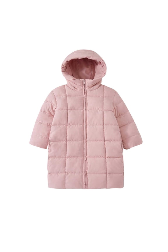 Kids Boy Girl Puffer Jacket Coat Hood Mid Length Light Weight Warm Insulated Padded Classic Solid Winter Outwear 4-11Y