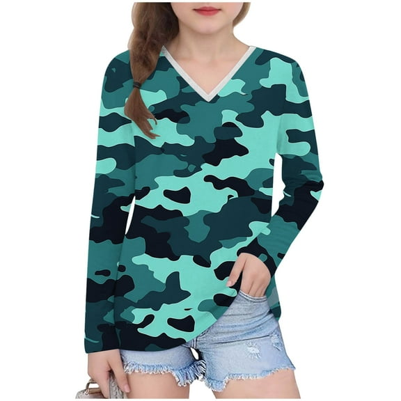 Favoffer Kids Girls' V-Neck Long Sleeve Pullover Casual Base Shirt Blouses T-Shirts Fall Clothes for Daily/Layering/Play 3-14Y