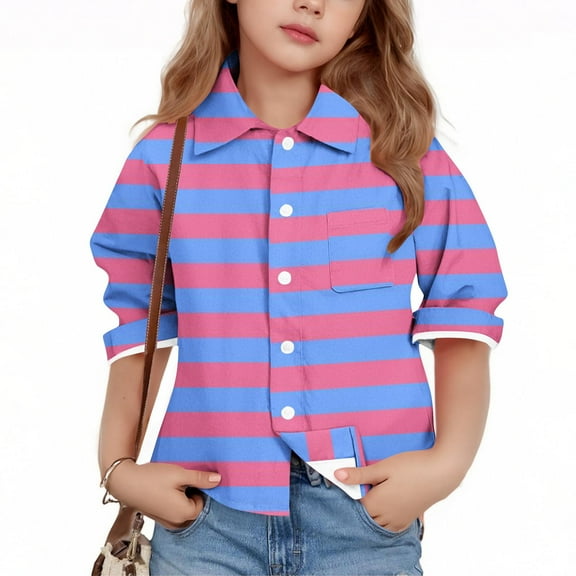 Favoffer Kids' Summer Multi-Color Plaid Stripe Graphic Shirt - Turndown Collar 5/8 Sleeve Chic Casual Travel Home Play 3-16Y