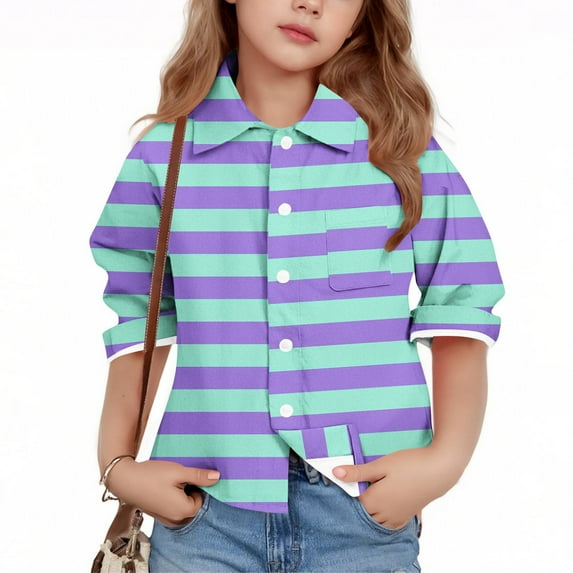 Favoffer Kids' Summer Multi-Color Plaid Stripe Graphic Shirt - Turndown Collar 5/8 Sleeve Chic Casual Travel Home Play 3-16Y