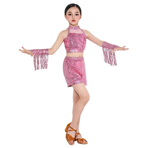 Favoffer Latin Dance Dress Tassel Salsa Dancewear Sequin Fringe Dress Modern Ballroom Cha Cha Dancer Outfits for Girls 3-12Y