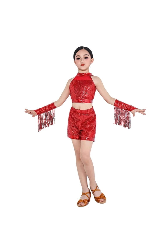 Latin Dance Dress Tassel Salsa Dancewear Sequin Fringe Dress Modern Ballroom Cha Cha Dancer Outfits for Girls 3-12Y