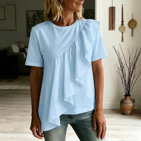 Favoffer Linen Tops Women Short Sleeve Ruffle Round Neck Loose Fit Casual Summer Solid Color Breathable Blouse