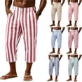 thumbnail image 1 of Favoffer Men Linen Cropped Pants Vertical Stripe Pattern Elastic Waist Waistband Button Fly Closure Side Pockets Capri Pants for Daily Walking Casual Outdoor, 1 of 9