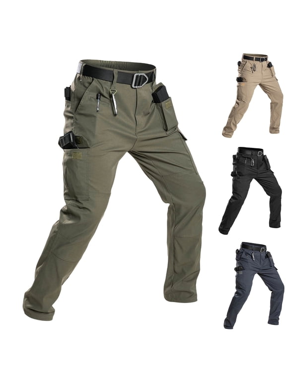 Men Multi Cargo Pockets Tactical Pants Belt Equipped Straight Leg Durable Work Hiking Outdoor Travel Daily Casual Long Trousers