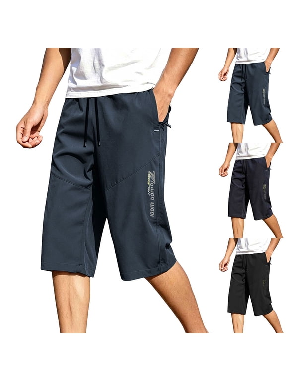 Men Quick Dry Capri Hiking Pants Stretch Elastic Waist Zipper Pockets Outdoor Sports Cropped Trousers