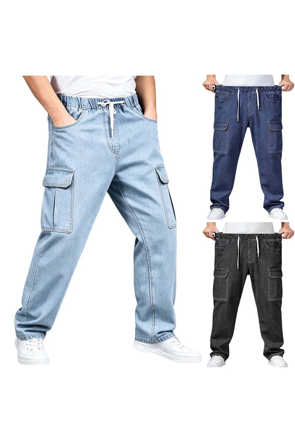 Men's Plus Size Denim Cargo Pants Solid Color Elastic Waist Multi Pocket Stretch Straight Leg Loose Workwear Jeans Daily Casual Bottom