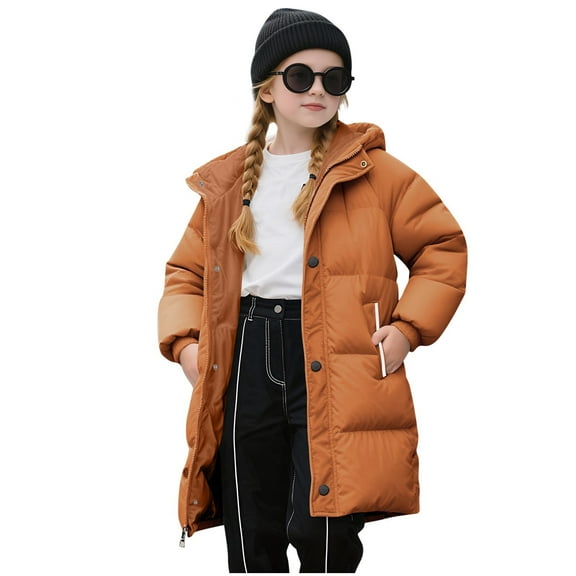 Favoffer Mid-Length Padded Down Hoodie Winter Kids Fleece Snowboarding Jackets Zip-Up Long Sleeve Fall Warm Coat Daily Travel 2-11Y
