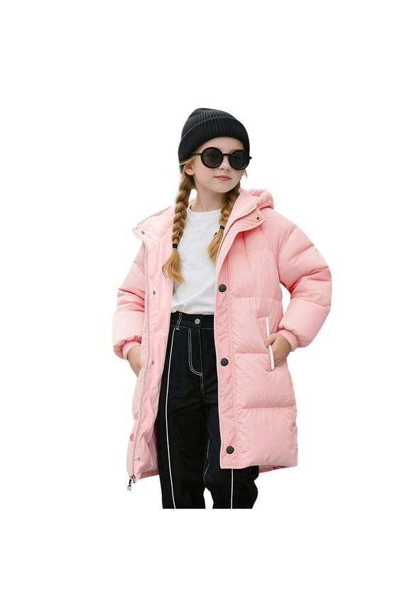Mid-Length Padded Down Hoodie Winter Kids Fleece Snowboarding Jackets Zip-Up Long Sleeve Fall Warm Coat Daily Travel 2-11Y