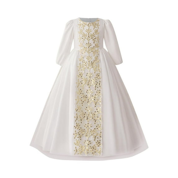 Favoffer Muslim Girls' Princess Banquet Dress Exquisite Embroidered, Long Sleeve Crewneck, for Parties Performances Toddler 4-8Y