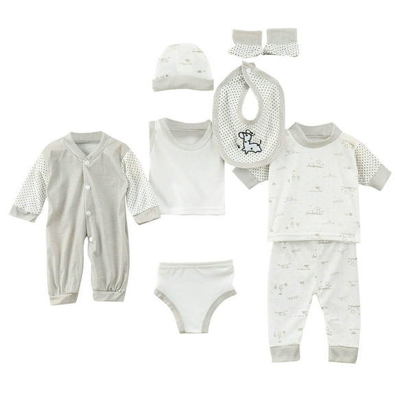 Favoffer Newborn 8-Piece Set Girl Clothes Bodysuits Boy Printed Long Sleeve Onesies Pants Essentials and Accessories Cotton Breathable 0-3Months