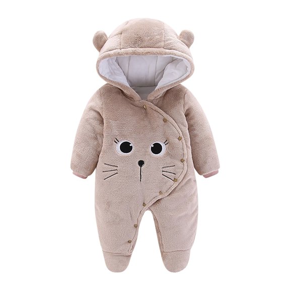 Favoffer Newborn Baby Winter Thickened Cat-Print Hooded Jumpsuit Fleece Crawling Suit for Newborn Winter Days, Indoor Cuddles, Family Photos, Stroller Rides 0-12M