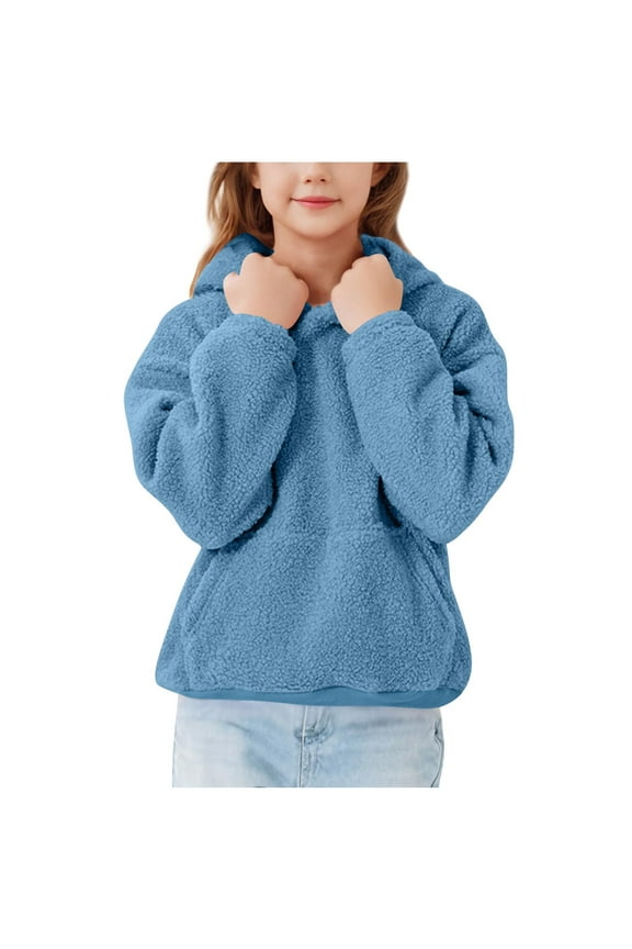 Spring/Fall Kids Solid Teddy-Fleece Hooded Sweatshirt - Play,Outdoor,Travel,Casual 5-14Y