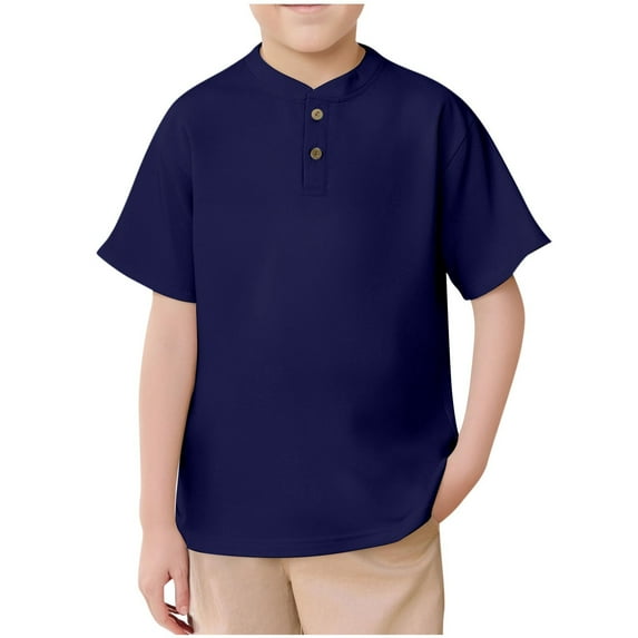 Favoffer Summer Boys Solid Color Basic Buttoned Top Henley Neck Short Sleeve Classic Regular Fit Stretchy Tee Casual Travel Home Outdoor 5-14Y