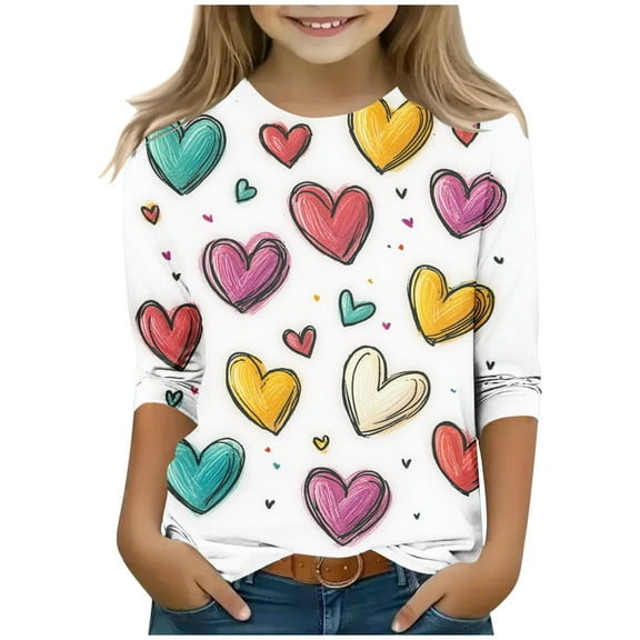 Favoffer Summer Girls Bow/Flower Graphic Fashion Tee 3/4 Sleeve Litter Girl Cute Round Neck Regular Fit Top, for Casual Play Photo Gift 3-13Y