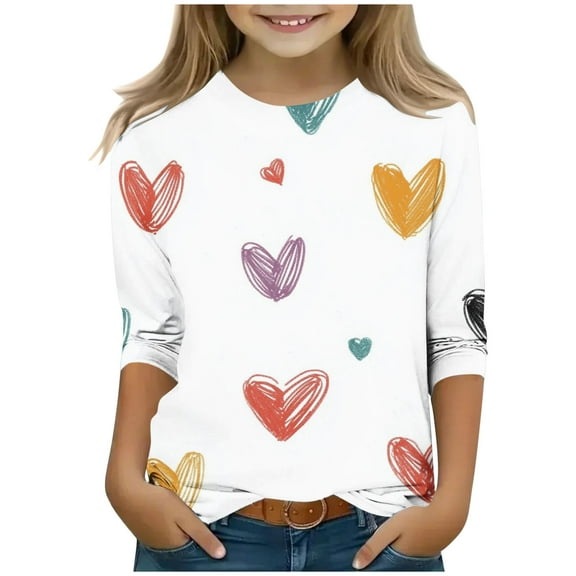Favoffer Summer Girls Bow/Flower Graphic Fashion Tee 3/4 Sleeve Litter Girl Cute Round Neck Regular Fit Top, for Casual Play Photo Gift 3-13Y