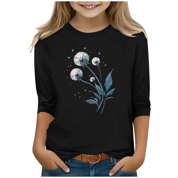 Favoffer Summer Girls Bow/Flower Graphic Fashion Tee 3/4 Sleeve Litter Girl Cute Round Neck Regular Fit Top, for Casual Play Photo Gift 3-13Y