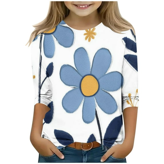 Favoffer Summer Girls Bow/Flower Graphic Fashion Tee 3/4 Sleeve Litter Girl Cute Round Neck Regular Fit Top, for Casual Play Photo Gift 3-13Y