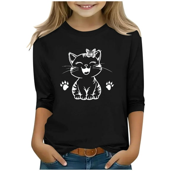 Favoffer Summer Girls Bow/Flower Graphic Fashion Tee 3/4 Sleeve Litter Girl Cute Round Neck Regular Fit Top, for Casual Play Photo Gift 3-13Y