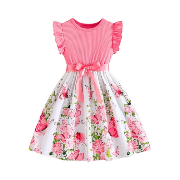 Favoffer Summer Girls Multicolor Floral Butterfly Print Elegant Dress Flutter Sleeve Round Neck Fit & Flare Princess Dress Casual Party Home Travel 5-10Y