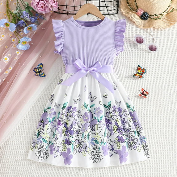 Favoffer Summer Girls Multicolor Floral Butterfly Print Elegant Dress Flutter Sleeve Round Neck Fit & Flare Princess Dress Casual Party Home Travel 5-10Y