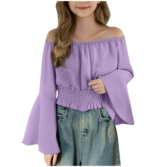 Favoffer Summer Girls Off-Shoulder Flared Sleeve Top Solid Color Waist-Cinched Stylish Breathable Stretchy Tee Casual Party Travel Home 5-15Y