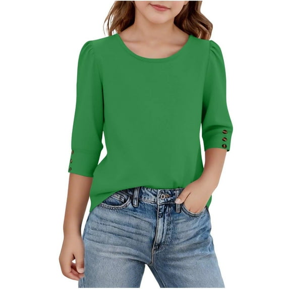 Favoffer Summer Girls Solid Color Crew Neck Top 3/4 Puff Sleeve Button Detail Tee Elegant Base Layer Blouse Casual Home Play Photo Sizes 5-15