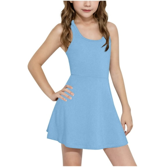 Favoffer Summer Girls Solid Color Solid Stretchy Tennis Dress Sporty Round Neck Sleeveless Athletic Dress Casual Travel Sports Home 4-15Y