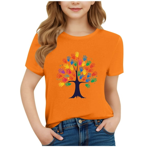Favoffer Summer Kids Orange Graphic Print Crewneck Short-Sleeve Tee - Play,Outdoor,Travel,Casual 3-15Y