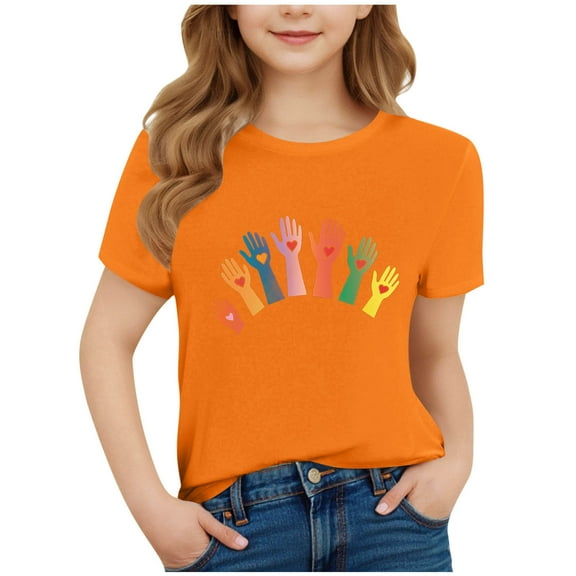 Favoffer Summer Kids Orange Graphic Print Crewneck Short-Sleeve Tee - Play,Outdoor,Travel,Casual 3-15Y