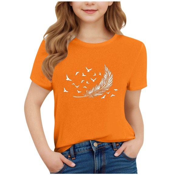 Favoffer Summer Kids Orange Graphic Print Crewneck Short-Sleeve Tee - Play,Outdoor,Travel,Casual 3-15Y
