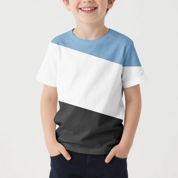 Favoffer Summer Unisex Kids Color Block Stripe Graphic Tee Regular Fit Round Neck Short Sleeve Breathable T-Shirt Casual Travel Sports Home 4-13Y