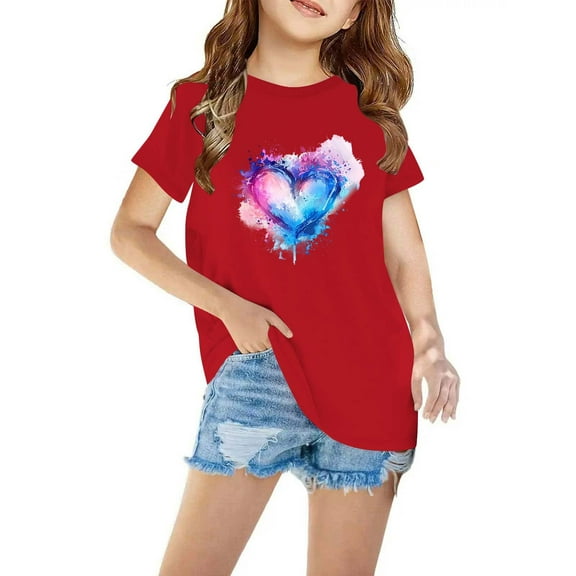 Favoffer Summer Unisex Kids Heart Graphic Fashion Tee Cotton Round Neck Short Sleeve Top Loose Fit Cute T-Shirt, for Home Play Travel Gift Sizes 3-10
