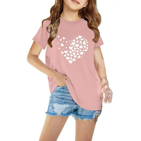 Favoffer Summer Unisex Kids Heart Graphic Fashion Tee Cotton Round Neck Short Sleeve Top Loose Fit Cute T-Shirt, for Home Play Travel Gift Sizes 3-10