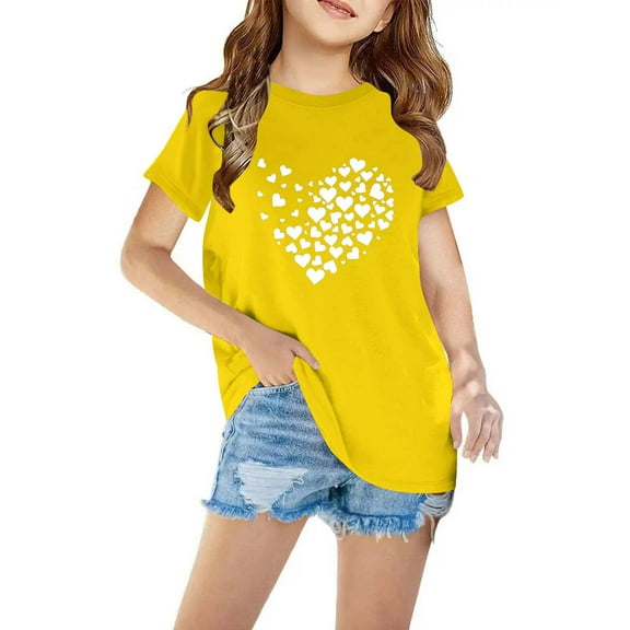 Favoffer Summer Unisex Kids Heart Graphic Fashion Tee Cotton Round Neck Short Sleeve Top Loose Fit Cute T-Shirt, for Home Play Travel Gift Sizes 3-10