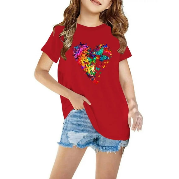 Favoffer Summer Unisex Kids Heart Graphic Fashion Tee Cotton Round Neck Short Sleeve Top Loose Fit Cute T-Shirt, for Home Play Travel Gift Sizes 3-10
