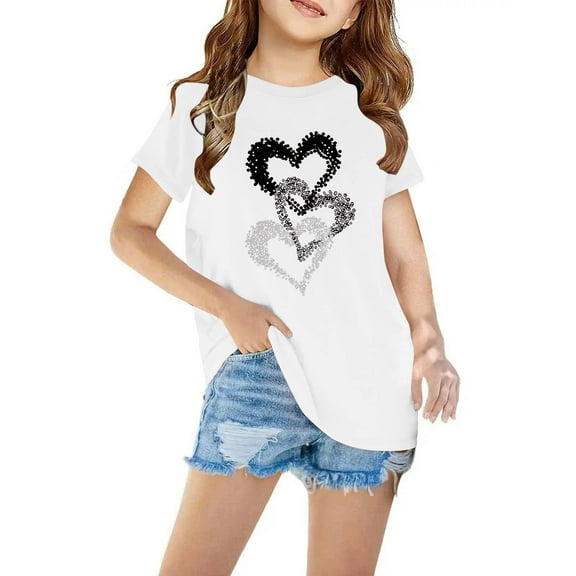 Favoffer Summer Unisex Kids Heart Graphic Fashion Tee Cotton Round Neck Short Sleeve Top Loose Fit Cute T-Shirt, for Home Play Travel Gift Sizes 3-10