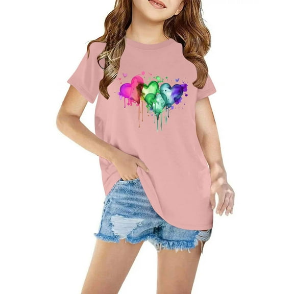 Favoffer Summer Unisex Kids Heart Graphic Fashion Tee Cotton Round Neck Short Sleeve Top Loose Fit Cute T-Shirt, for Home Play Travel Gift Sizes 3-10