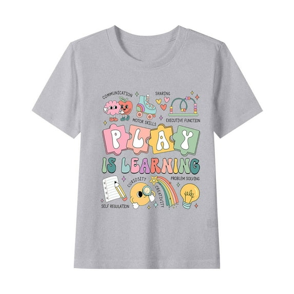 Favoffer Summer Unisex Kids Multicolor Back-to-School Graphic Top Round Neck Short Sleeve Trendy Tee Casual Travel Home Photoshoot 1-12Y