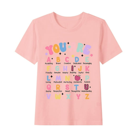 Favoffer Summer Unisex Kids Multicolor Back-to-School Graphic Top Round Neck Short Sleeve Trendy Tee Casual Travel Home Photoshoot 1-12Y