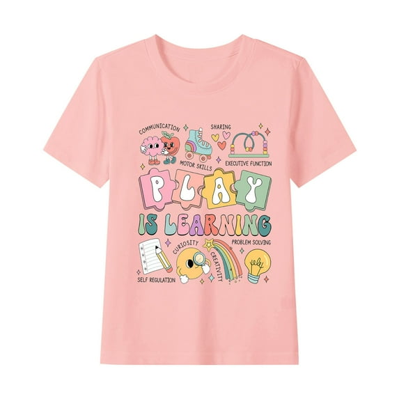 Favoffer Summer Unisex Kids Multicolor Back-to-School Graphic Top Round Neck Short Sleeve Trendy Tee Casual Travel Home Photoshoot 1-12Y
