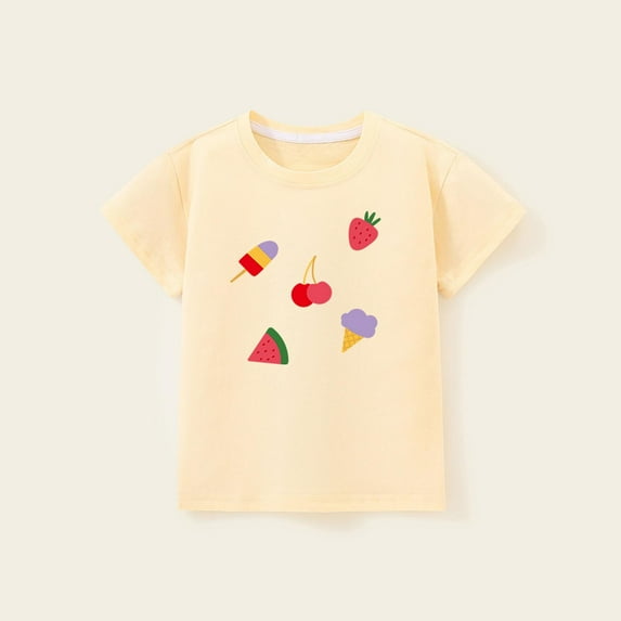 Favoffer Summer Unisex Kids Multicolor Cartoon/Ice-Cream/Strawberry Graphic Tee Round Neck Short Sleeve Loose Fit Fun Top Casual Travel Home Play 2-10Y